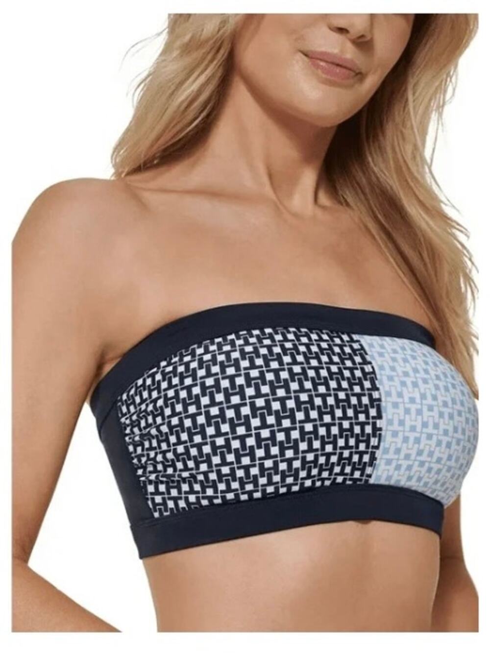 Tommy Hilfiger Iconic Colorblock Bandeau Bikini Top Monogram Sky Blue XS NWT